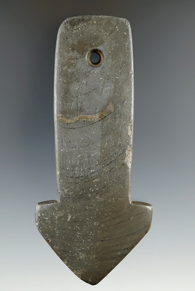 4 3/8" Adena Anchor Pendant with slight restoration to one barb. Found in Miami Co., Ohio.