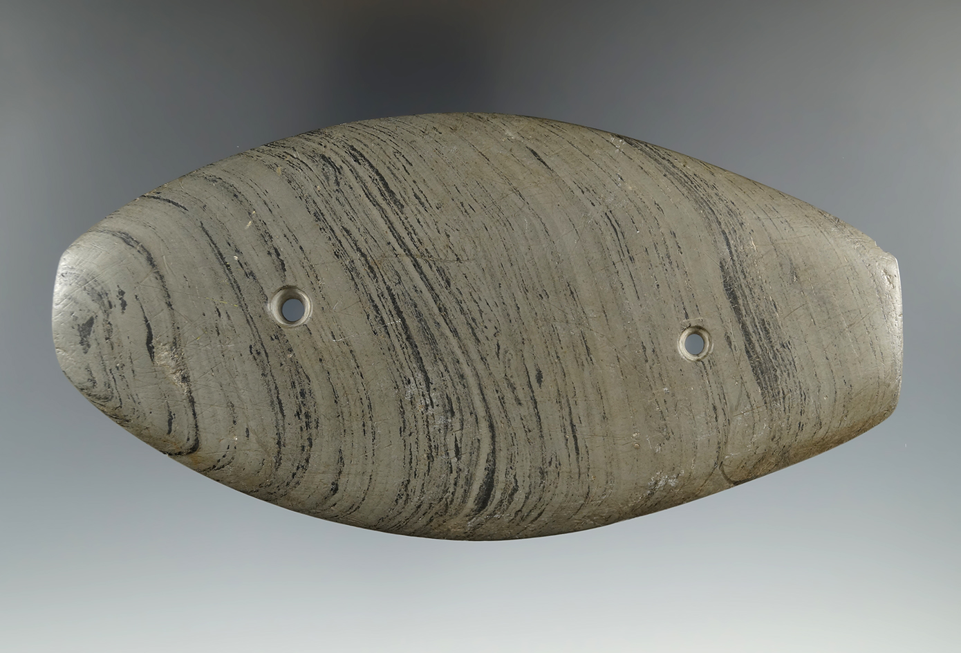 5 9/16" Glacial Kame Gorget found in Allen Co., Ohio. Pictured. Ex. Dr. Gordon Meuser. GIRS COA.