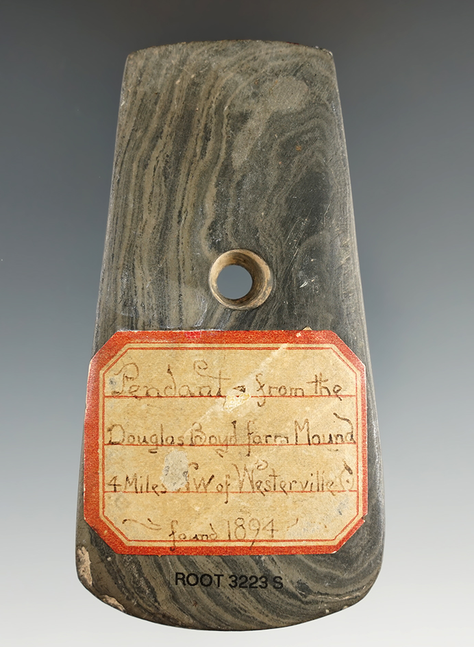 3 11/16" Adena Trapezoidal Pendant - Delaware Co., Ohio. Ex. Cobble, Beffendorf, Richardson.