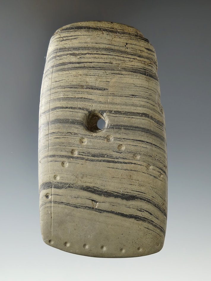 4" Adena Rectangular Pendant with nice punctate design on surface found in Lorain Co., Ohio.