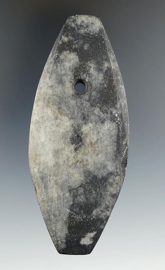 4 1/16" Hopewell Pendant made from gray and white slate. Most likely from the Ohio area.