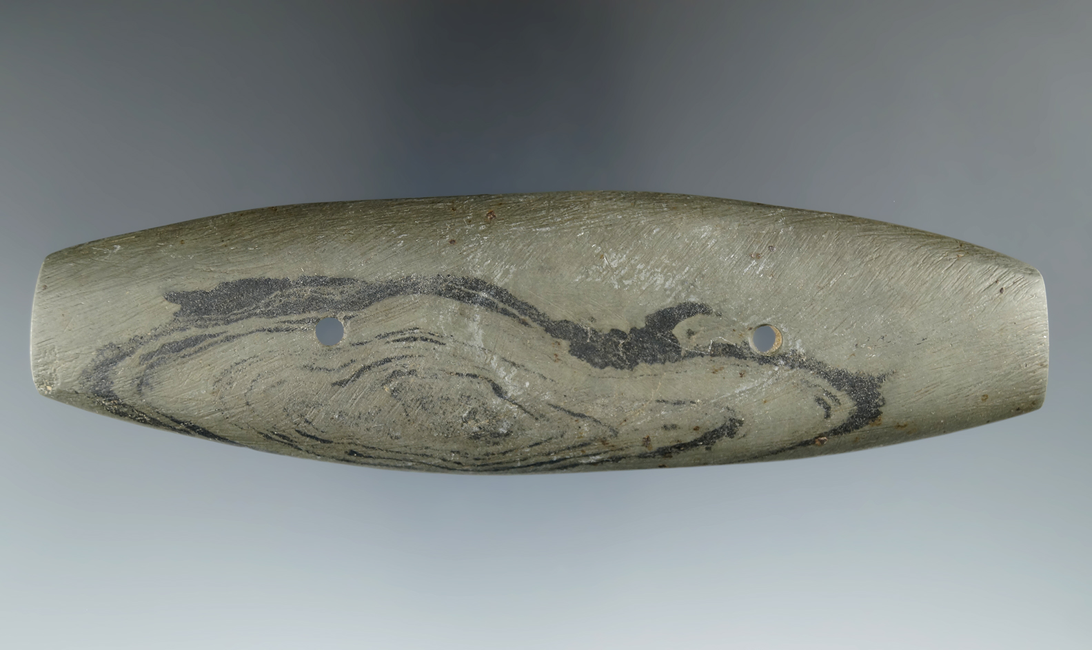 5 1/8" Glacial Kame Bar Gorget found in Hardin Co., Ohio. Ex. Dr. Stanley Copeland, Rick Waibel.