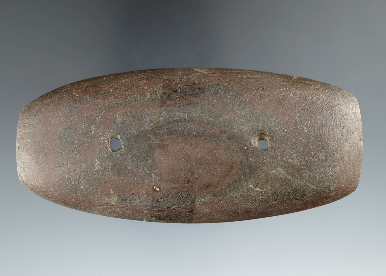 4 1/16" Glacial Kame Rectangular Gorget found in Defiance Co., Ohio. Pictured. Ex. Heckman.