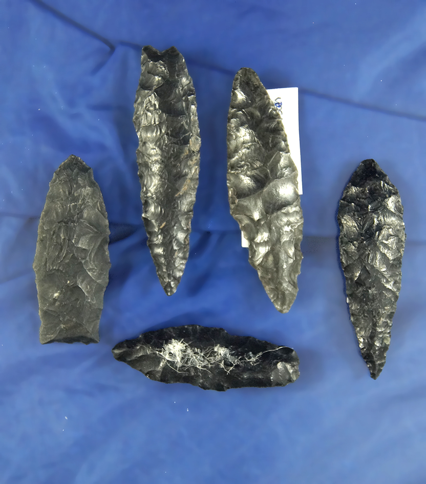 Set of five Obsidian Arrowheads including some ice Cascades, largest is 2 3/8".  Oregon.