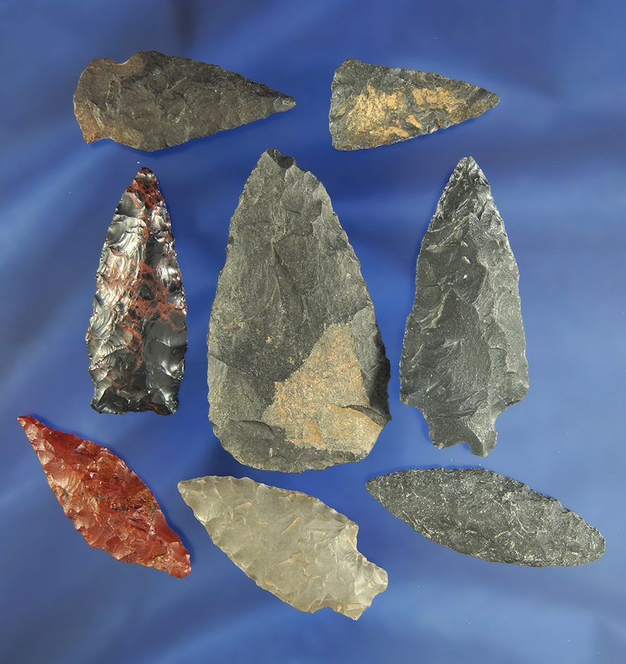 Set of eight assorted Oregon Arrowheads and Knives, largest is 2 3/16".