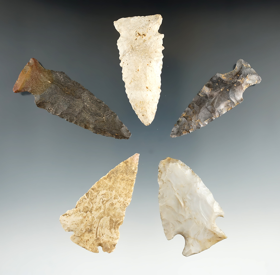 Set of five assorted arrowheads found in Rush Co., Indiana, largest is 2 11/16".