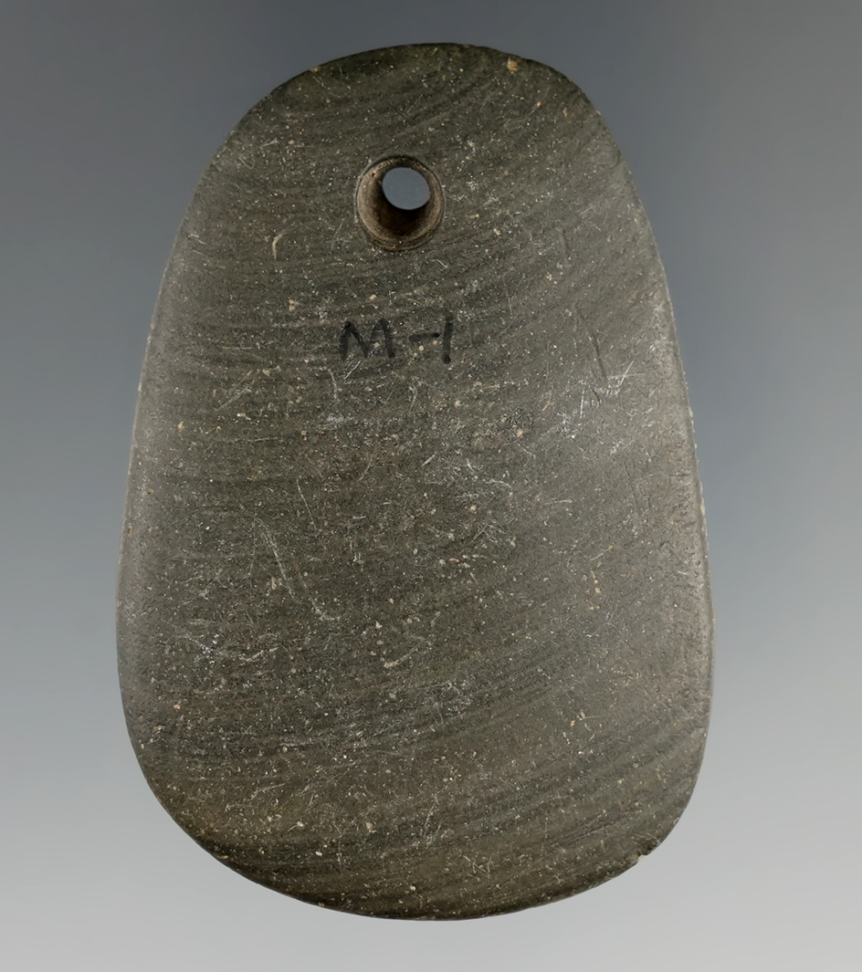 2 9/16" Pendant made from green and black Banded Slate, found in Ohio. Ex. Dr. Evan Mauer.