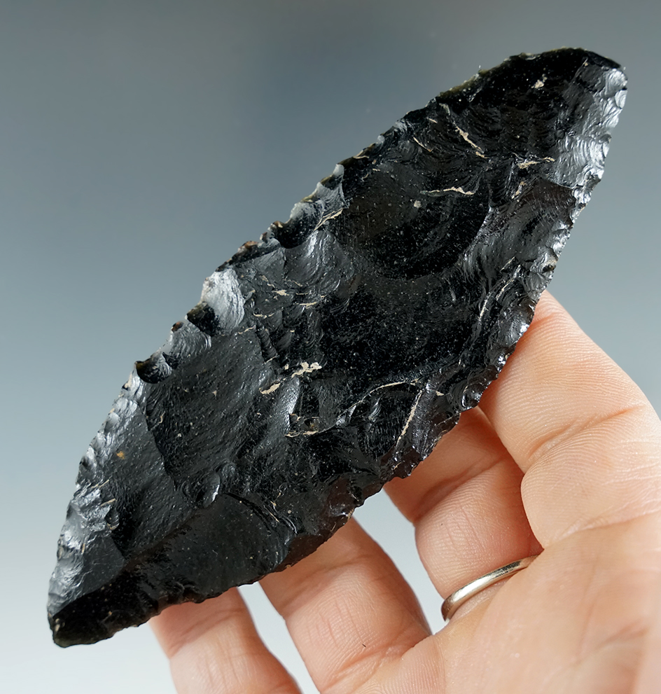 4 3/8" Bi-Pointed Knife made from obsidian found in the Columbia Plateau region of Washington.