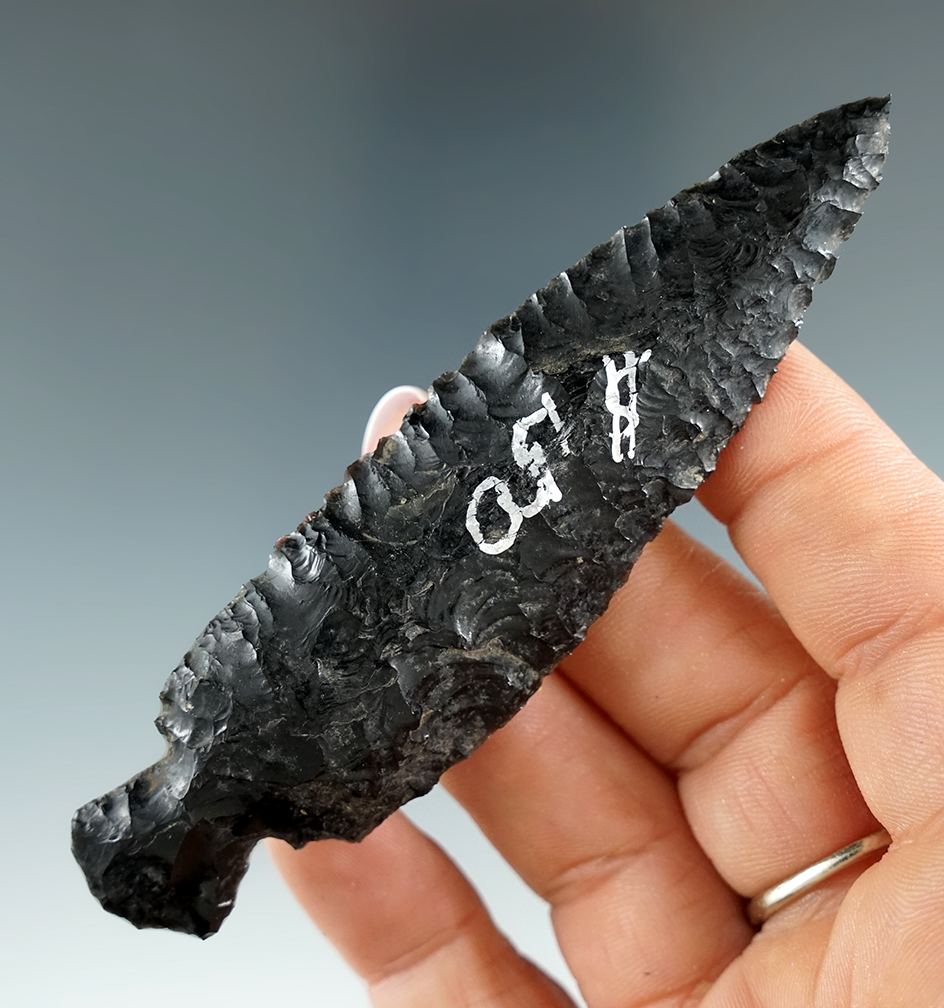 Excellent style and flaking on this 3 3/4" Tuolumne stemmed Knife made from obsidian - Oregon.