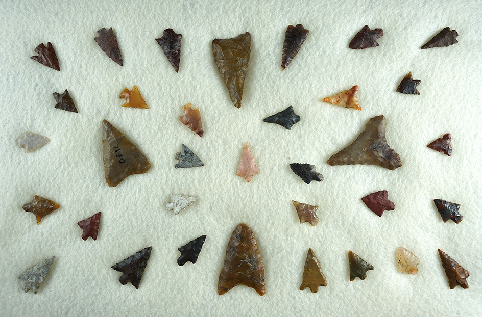 Group of 34 assorted Columbia River arrowheads found in Washington. Largest is 1 5/8".