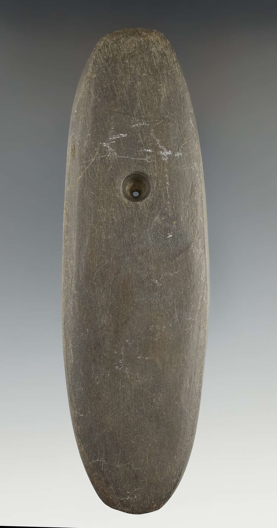 5 5/8" Adena Pendant made from Slate, found by G. Halsey on the V. Rish Farm in Wyandot Co., OH.