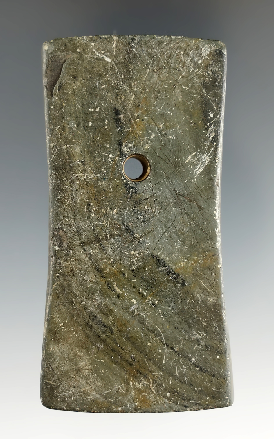 3 1/4" highly banded Trapezoidal Pendant with great patina and finish. Found in Franklin Co., Ohio.