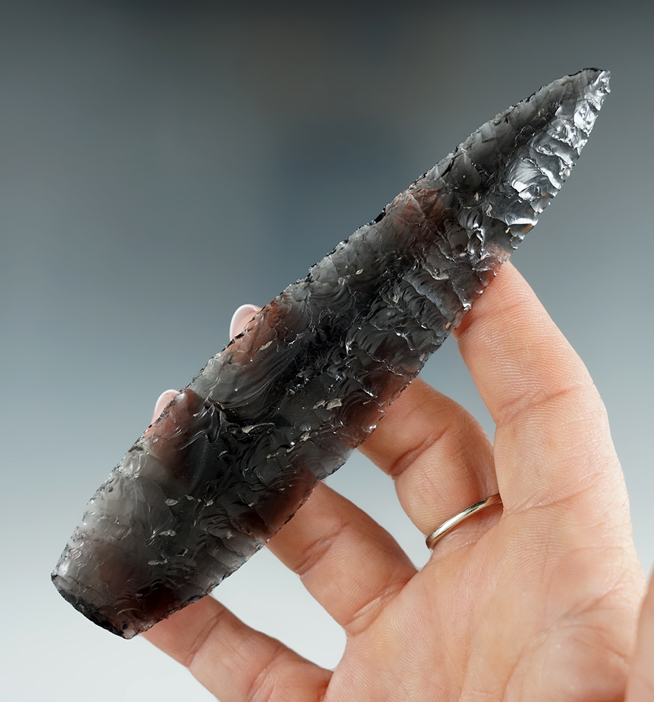 Nice! 5 1/4" Lanceolate Knife that is beautifully flaked from translucent obsidian. Found in Oregon.