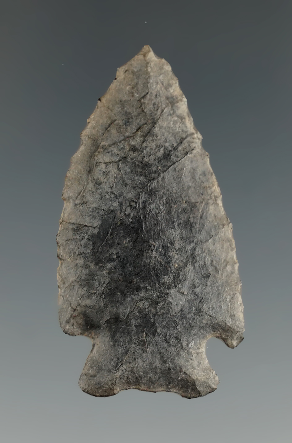 1 5/8" nicely patinated Elko made from basalt with nice flaking found in Oregon. Ex. Jim Hogue