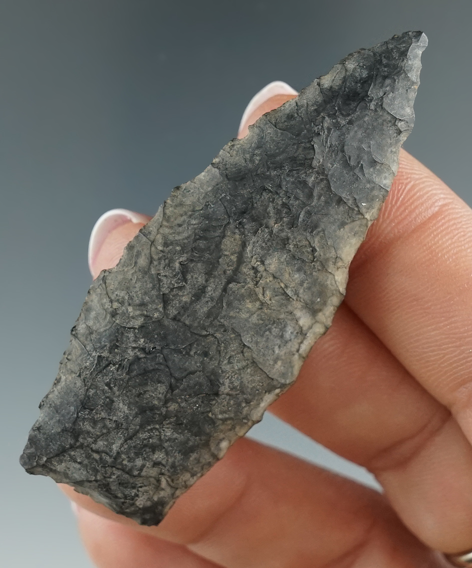 2 3/8" Scottsbluff made from basalt with nicely ground lower edges found in Washington.