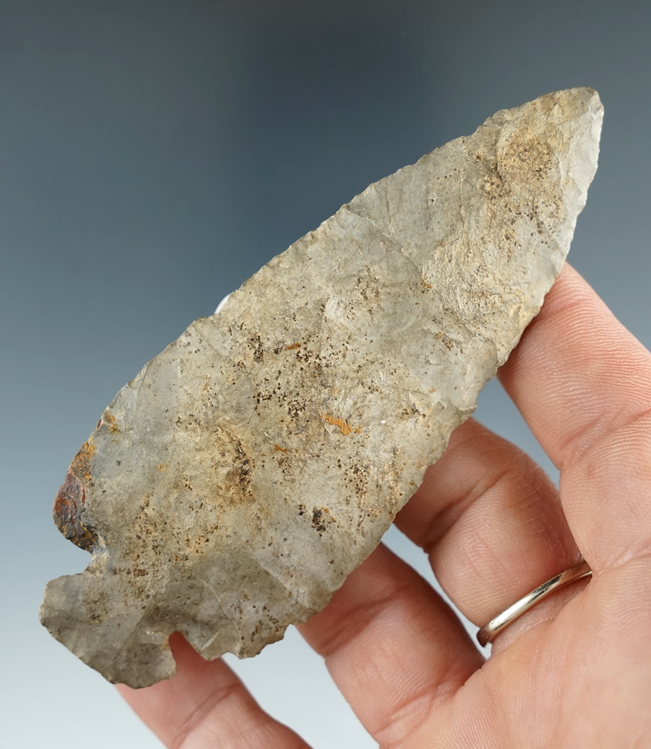 3 15/16" heavily patinated Dovetail with old-time restoration to one ear found in Indiana.