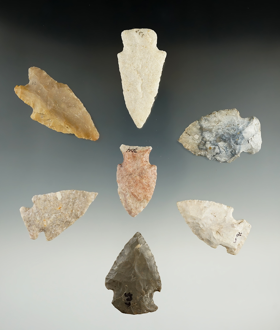 Set of seven assorted Missouri arrowheads, largest is 2 1/4".