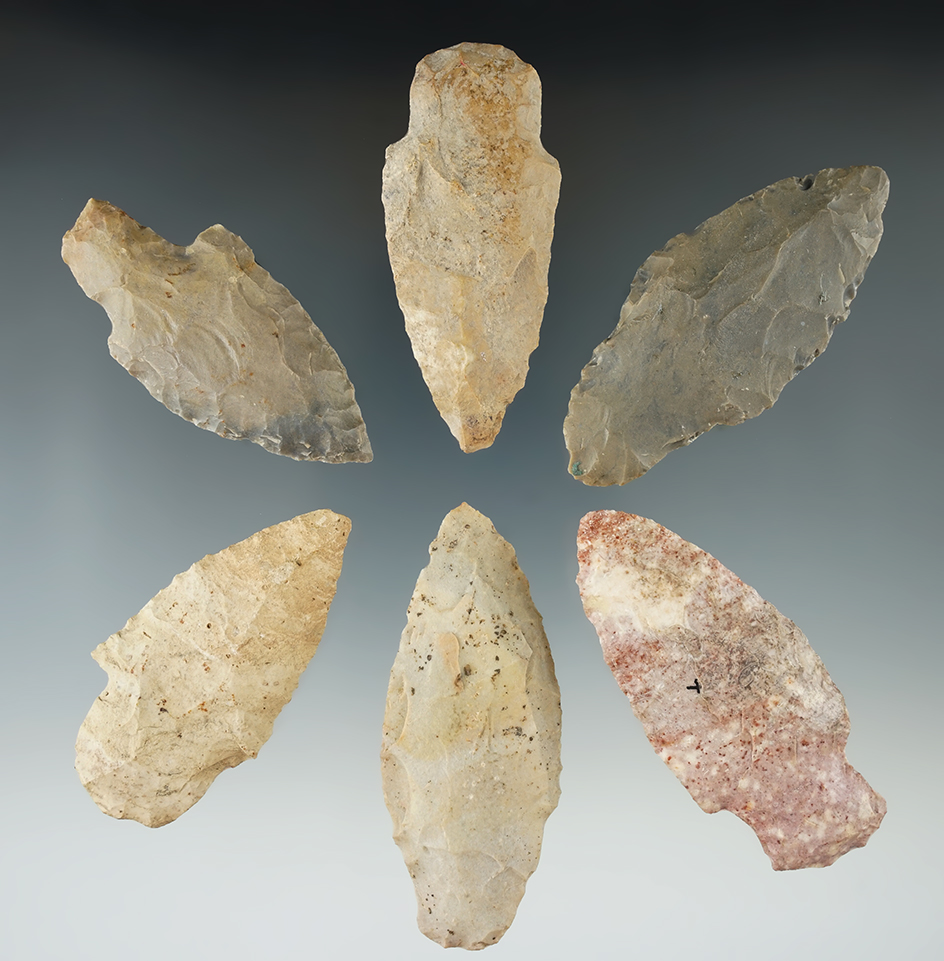 Group of six assorted Missouri arrowheads and Knives, largest is 2 7/8".