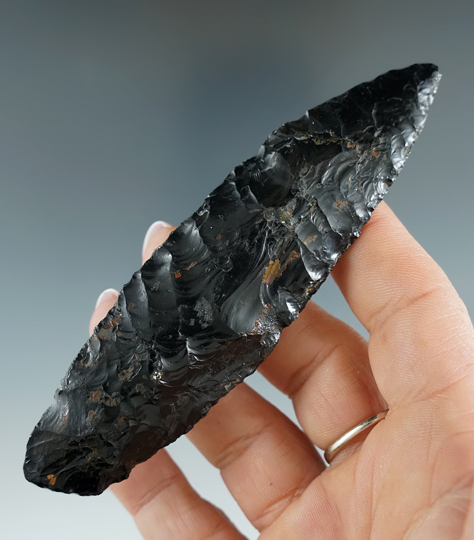 Pictured! 4 3/8" Paleo Haskett made from obsidian found in Warner Valley, Oregon.