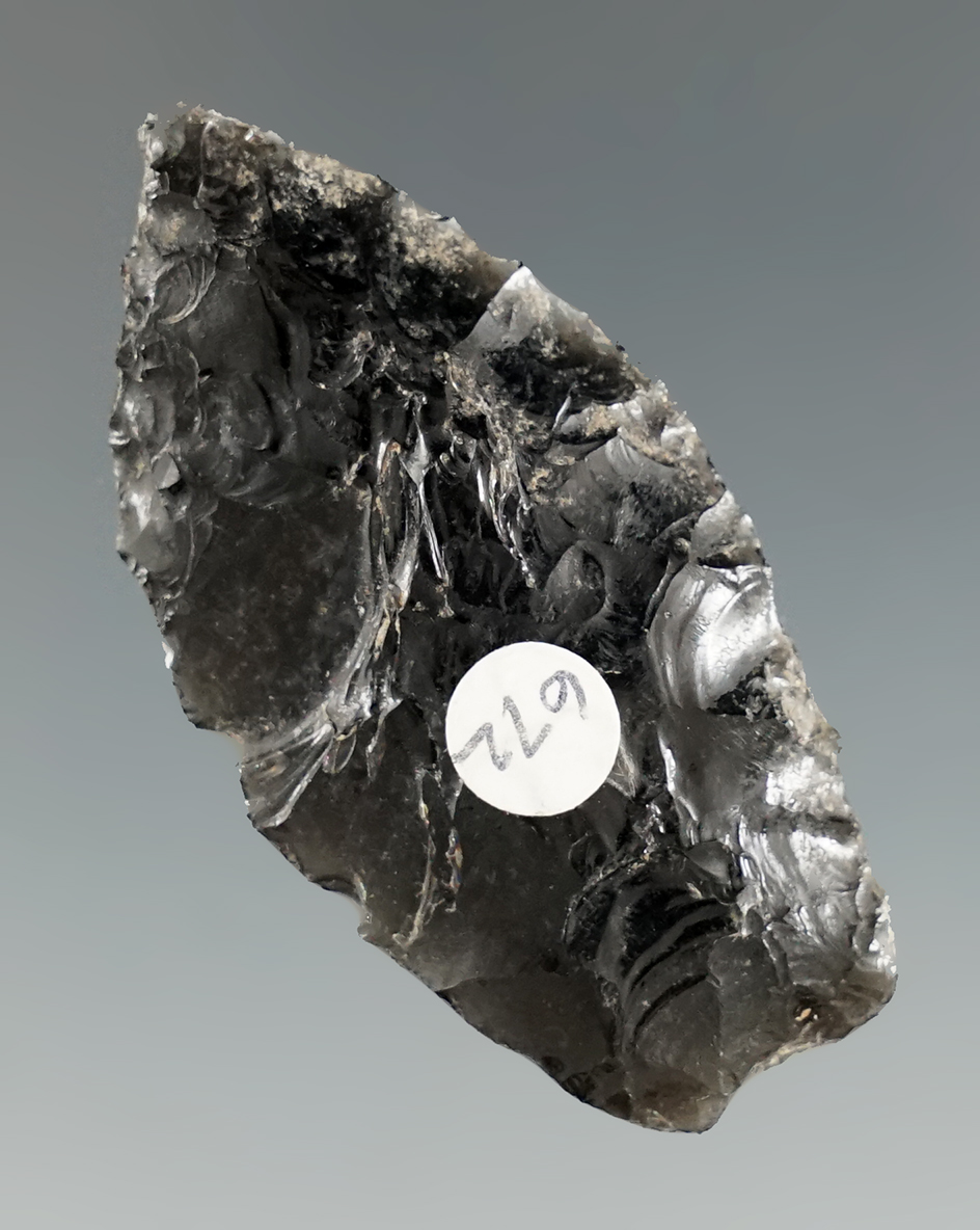 1 11/16" well styled obsidian Humboldt found in Warner Valley Oregon. Ex. Cockrell, Jim Hogue.