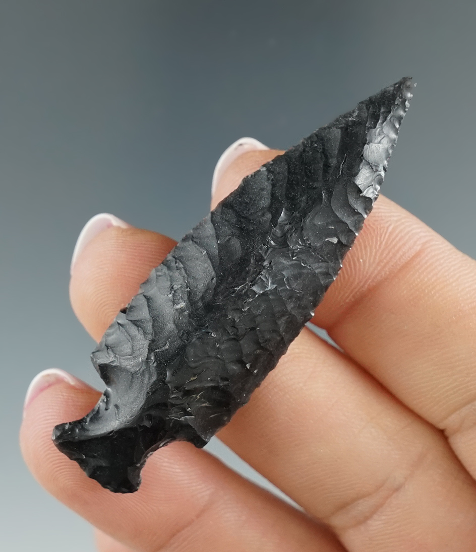 Excellent style on this 2 3/16" Wendover point made from obsidian found in Eastern Oregon.