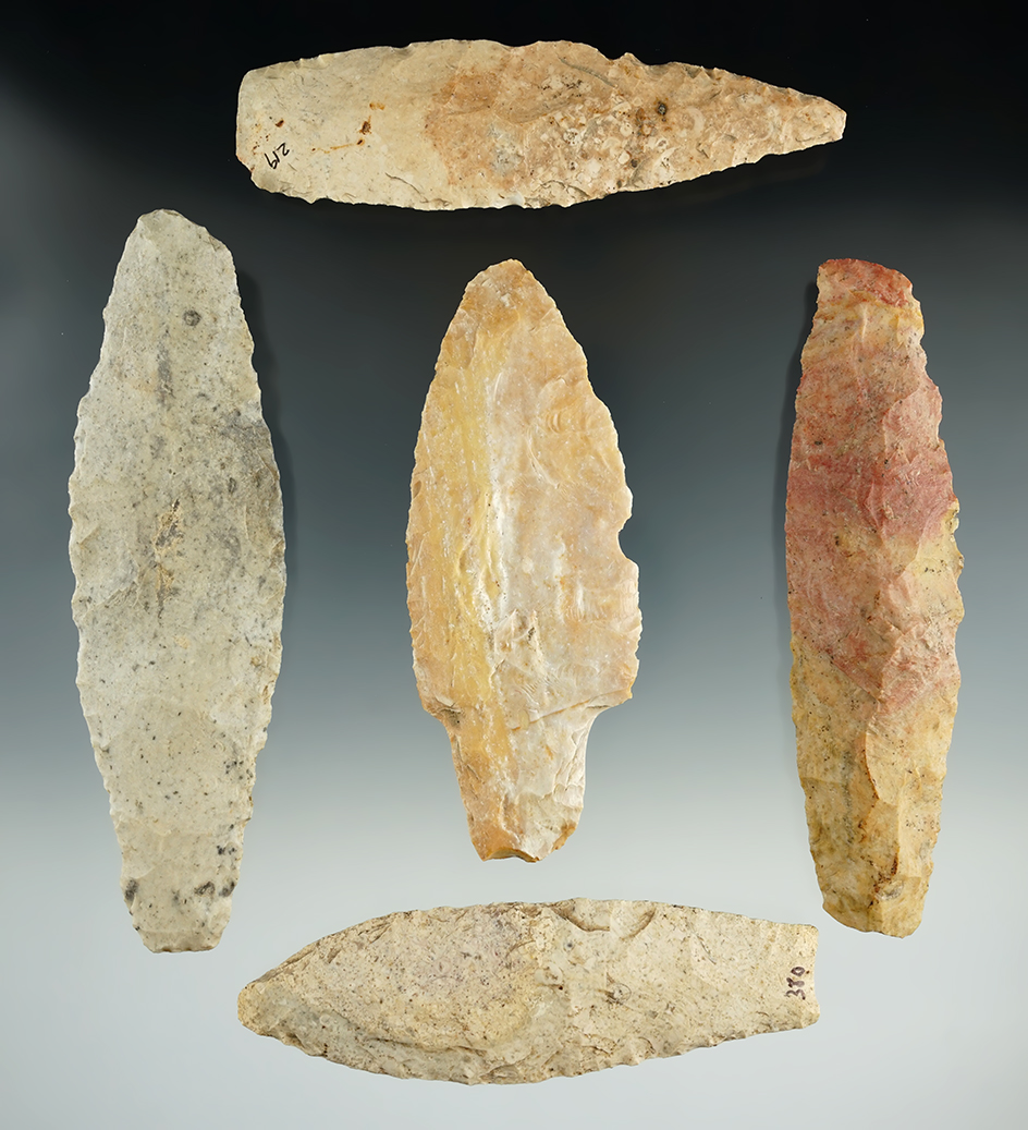 Set of five large Missouri Knives, all have some minor damage. Largest is 4 7/8".