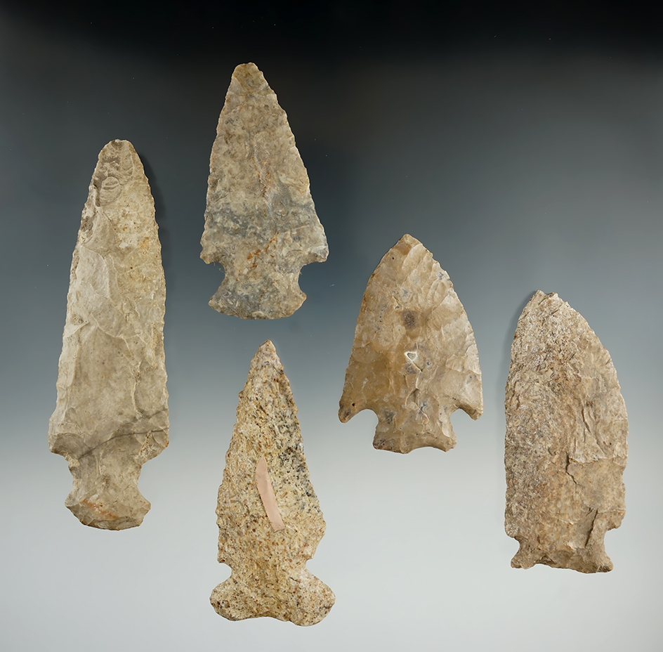 Set of five Flint Knives found in Rush Co., Indiana, largest is 4 5/16".