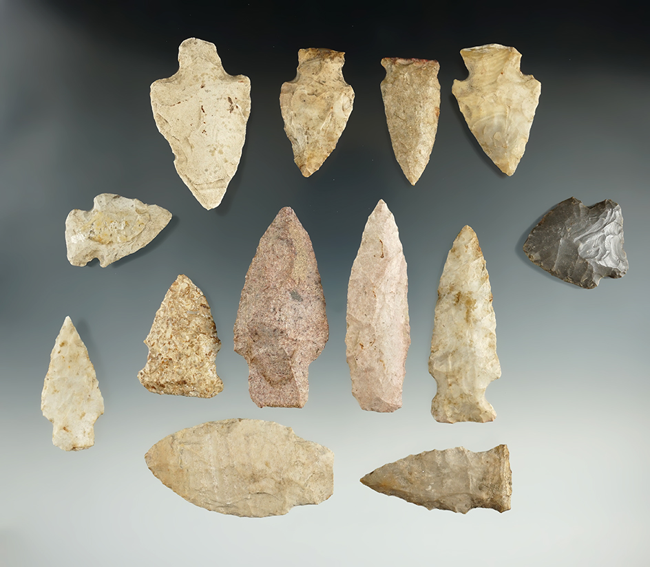 Group of 13 assorted arrowheads found in Rush Co., Indiana, largest is 2 1/2".