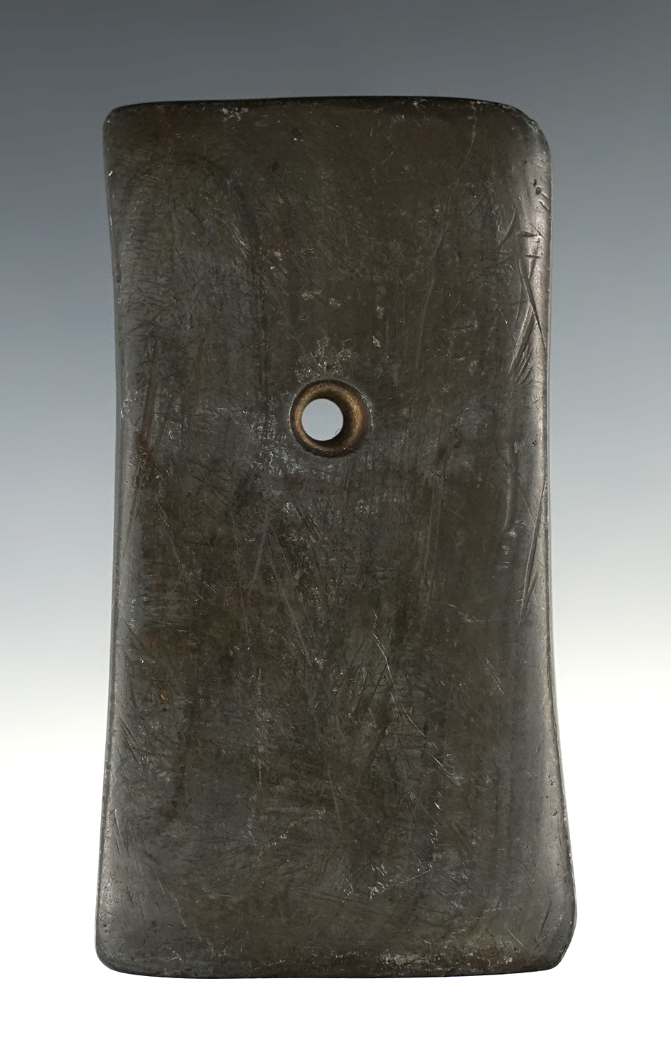 3 11/16" Adena Rectangular Pendant made from gray and black Banded Slate. Mercer Co., Ohio