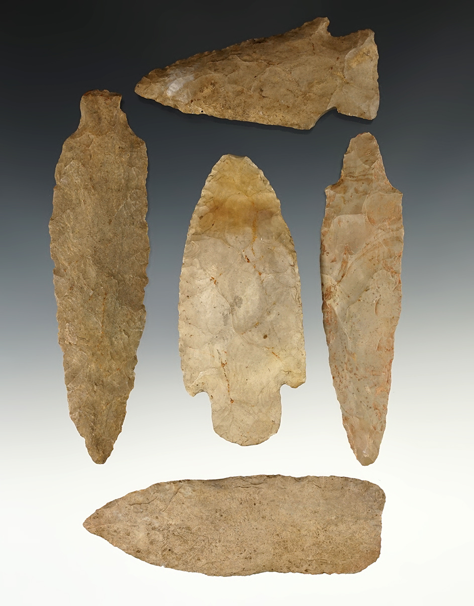 Set of 5 Large Tennessee points. The largest is 4 9/16".