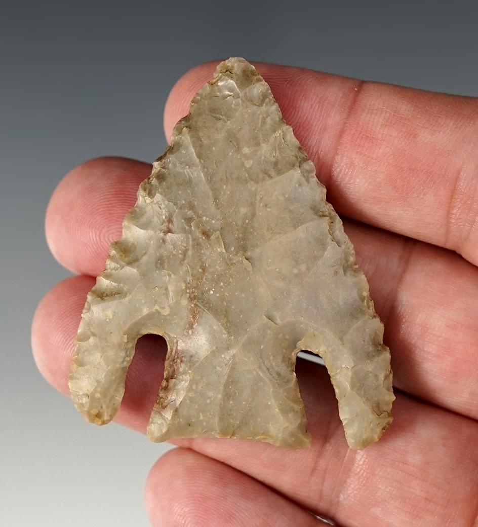 2 1/16" Marshall made from light gray flint, found in Hays Co., Texas. Comes with a Rogers COA.