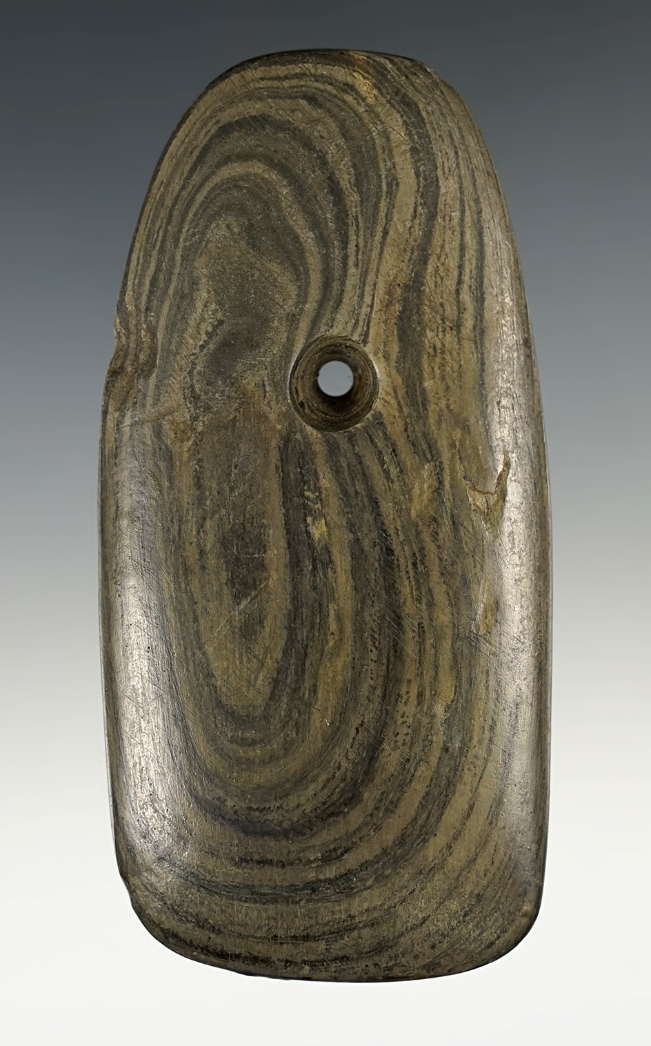 4 5/16" Adena Trapezoidal Pendant made from green and black Slate. Ex. Ensil Chadwick.