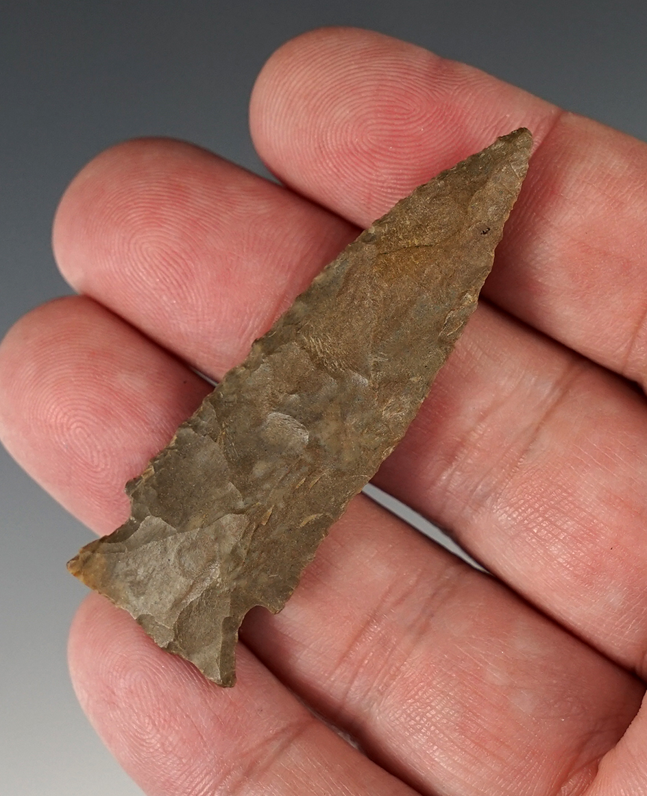 2 3/8" Thin and fine Jack's Reef from Kentucky made from tan and gray Flint. Nice example.