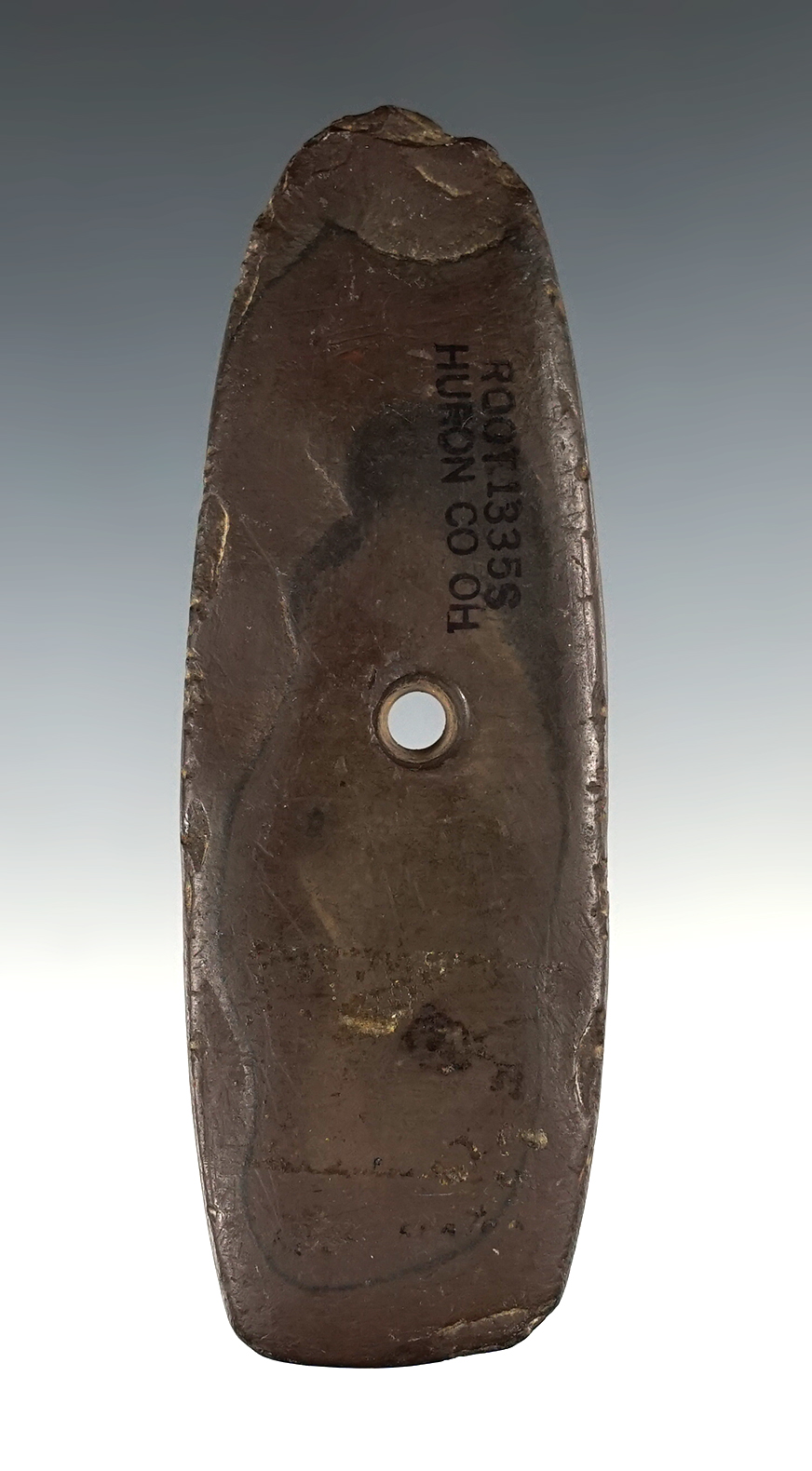 4 5/16" Hopewell Trapezoidal Pendant made from red and black Slate. Found in Huron Co., OH.