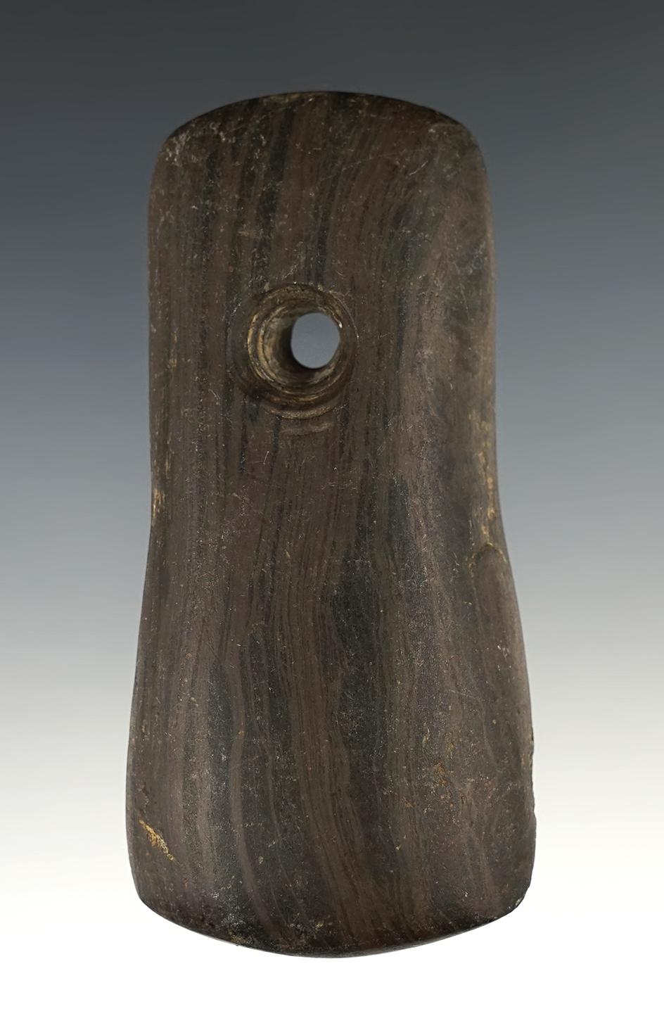 4" Adena Keyhole Pendant made from red and black mottled Slate. Found in Allen Co., Ohio. E