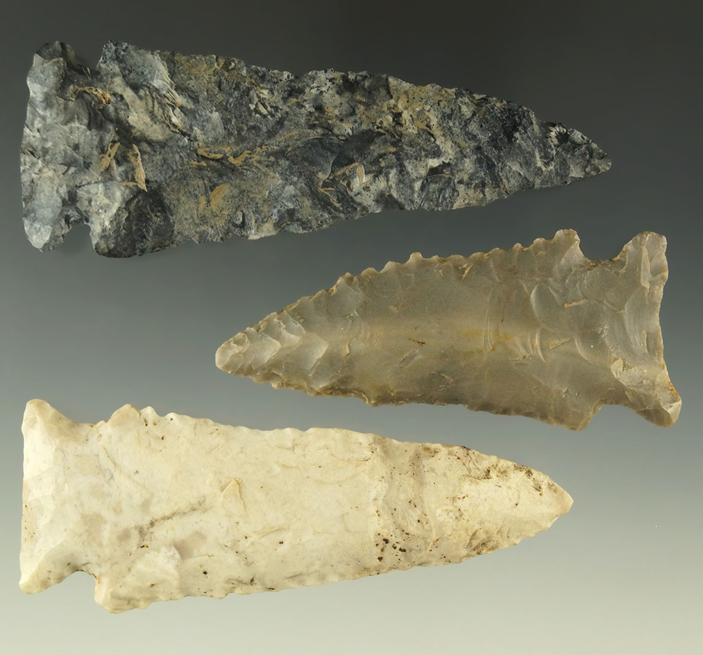 Set of three Ohio Stilwell points, largest is 3 1/2". Ex. Dr. Jim Mills.