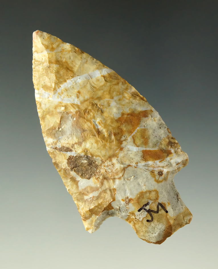 3" archaic stemmed made from attractive Flint Ridge Flint. Ex. Dr. Jim Mills.