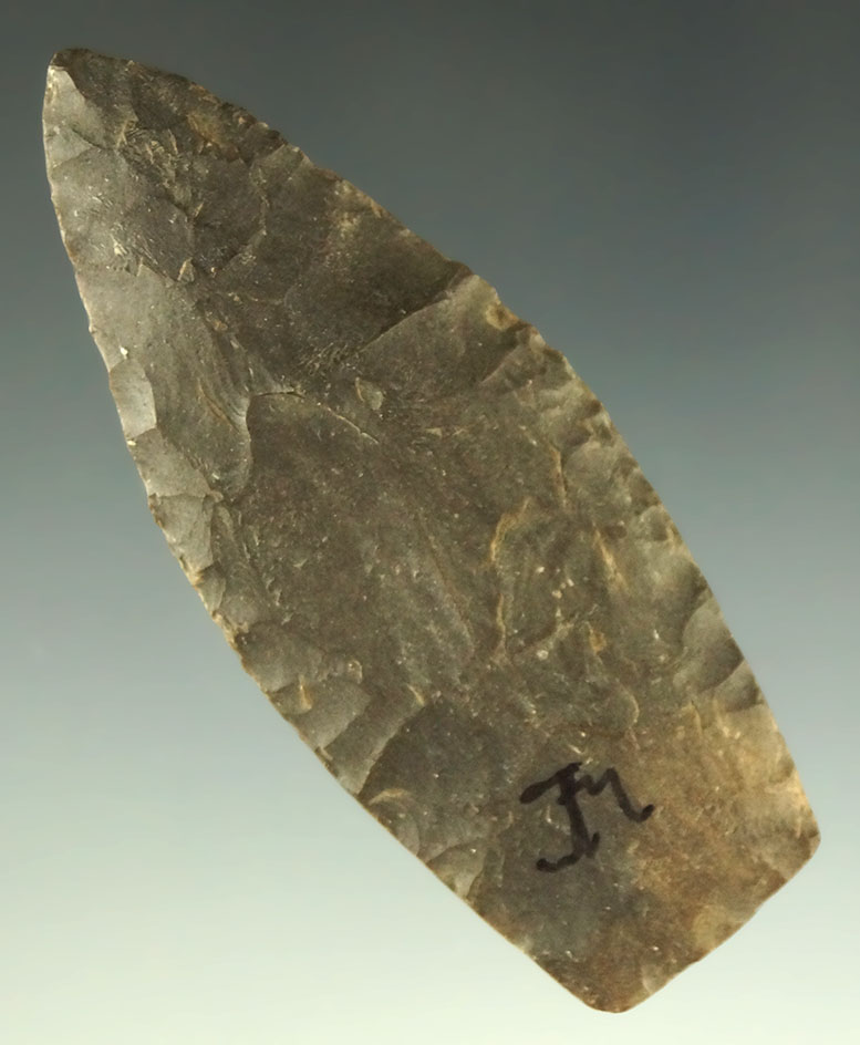 2 1/2" Coshocton Flint Paleo Lanceolate with heavily ground lower edges - Ohio. Ex. Dr. Jim Mills.