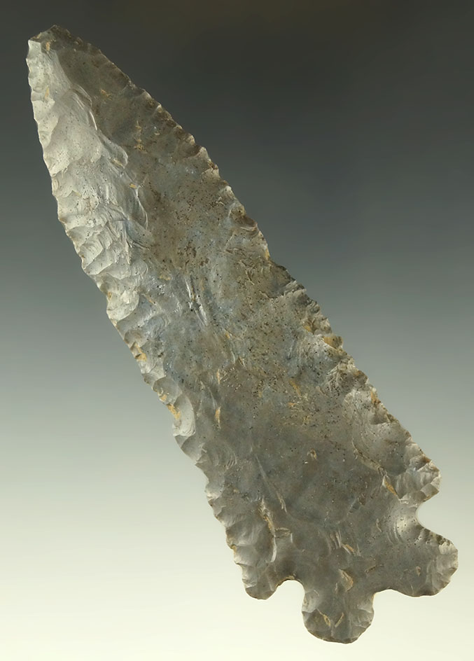 Large 4 9/16" Bifurcate Base Knife found in Kentucky. Ex. Dr. Jim Mills.