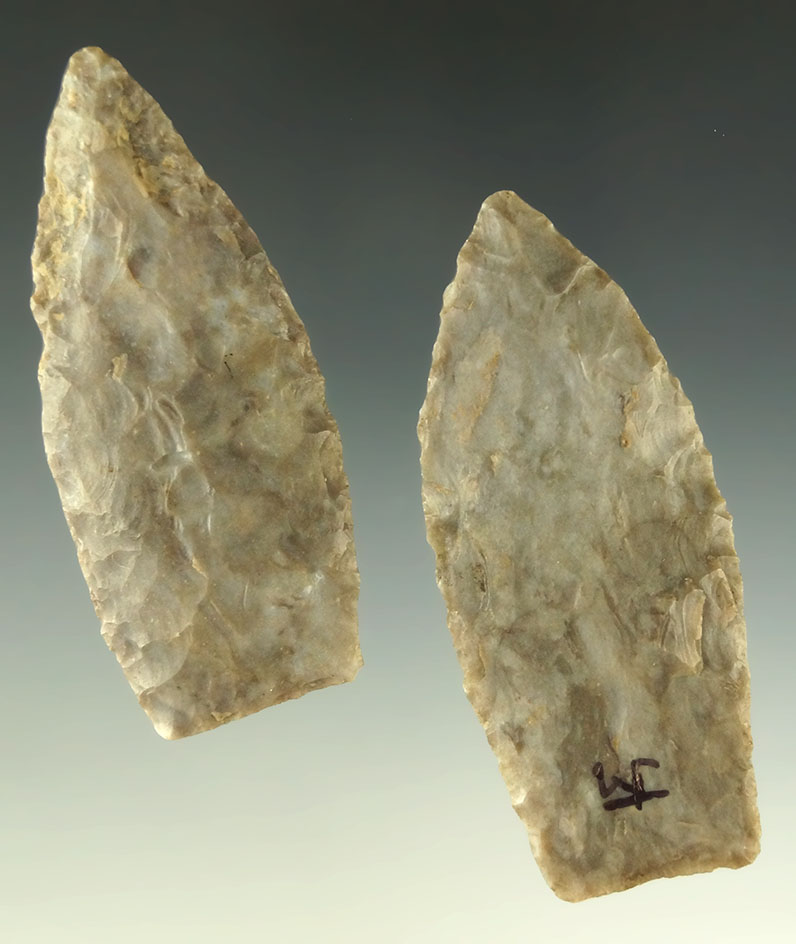 Pair of Upper Mercer Flint Paleo Lanceolate's found in Ohio, largest is 2 9/16". Ex. Dr. Jim Mills.
