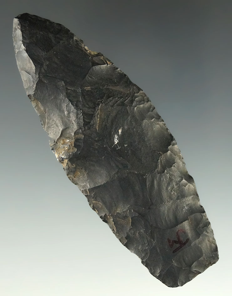 3 3/8" Coshocton Flint Paleo Lanceolate found in Ohio. Ex. Dr. Jim Mills.