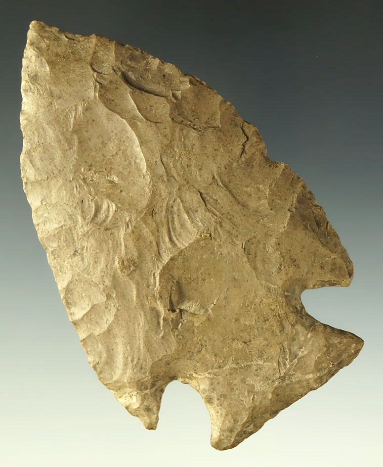 Heavily patinated 3 5/8" classic style Hopewell Knife found in Ohio. Ex. Doug Hooks, Dr. Jim Mills.