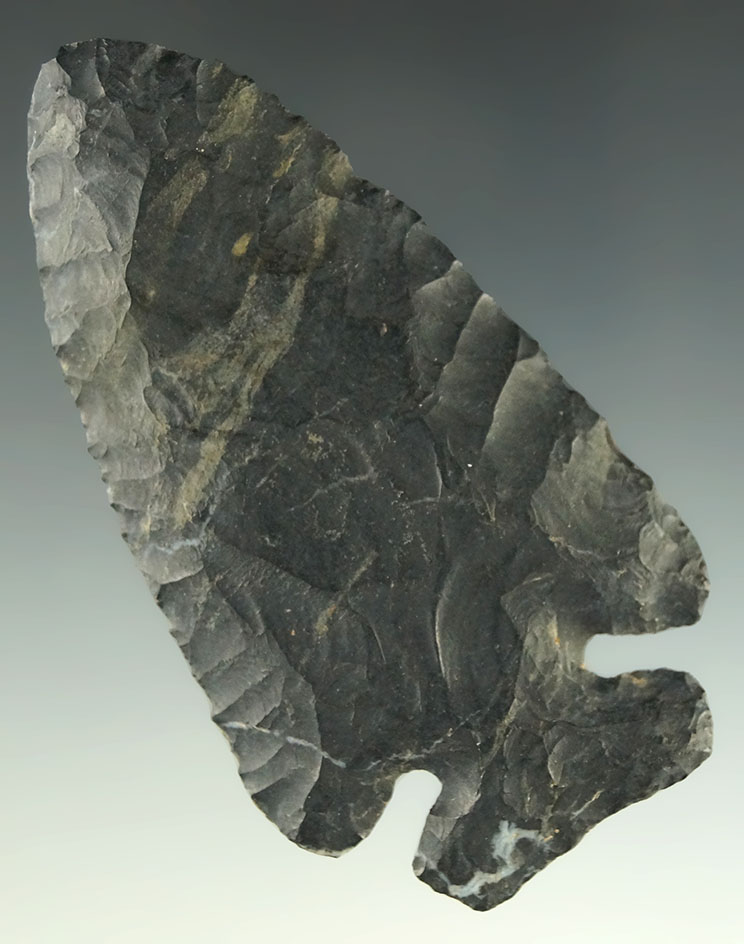 3 1/16" Coshocton Flint Archaic Cornernotch found in Holmes County Ohio. Ex. Dr. Jim Mills.