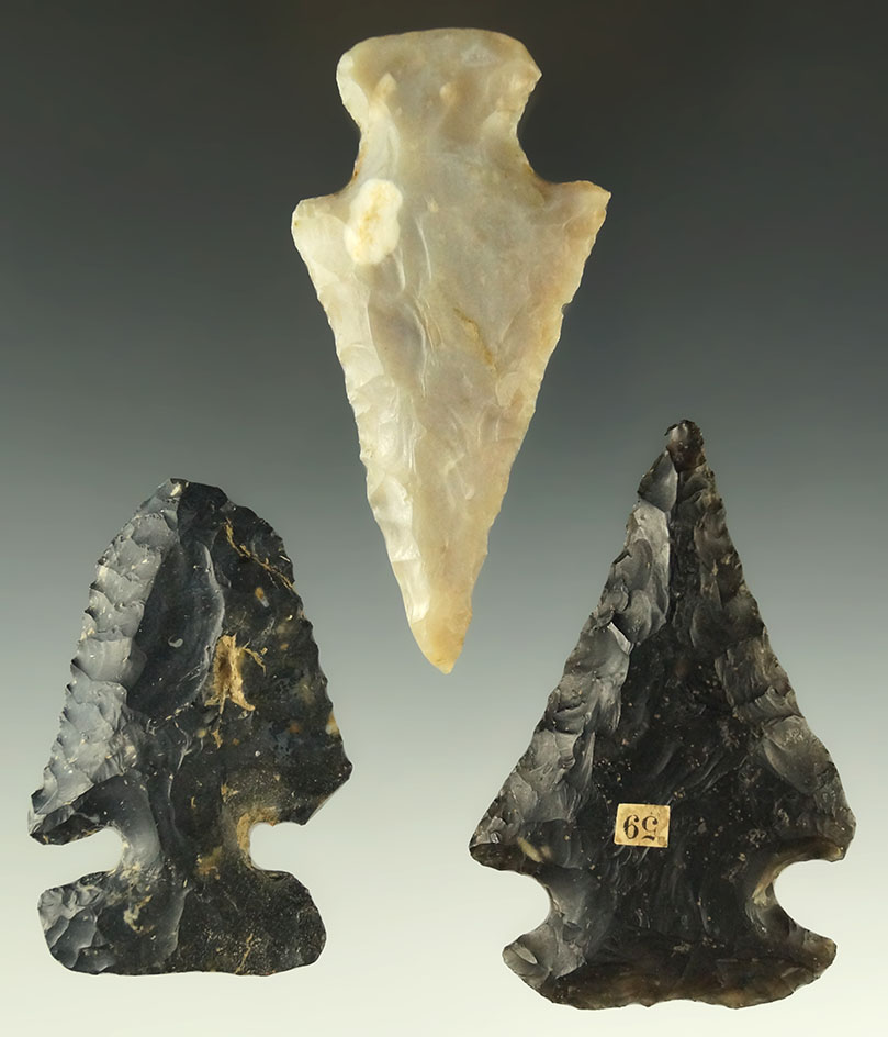 Set of three nice Ohio arrowheads, largest is 2 7/8". Ex. Dr. Jim Mills.