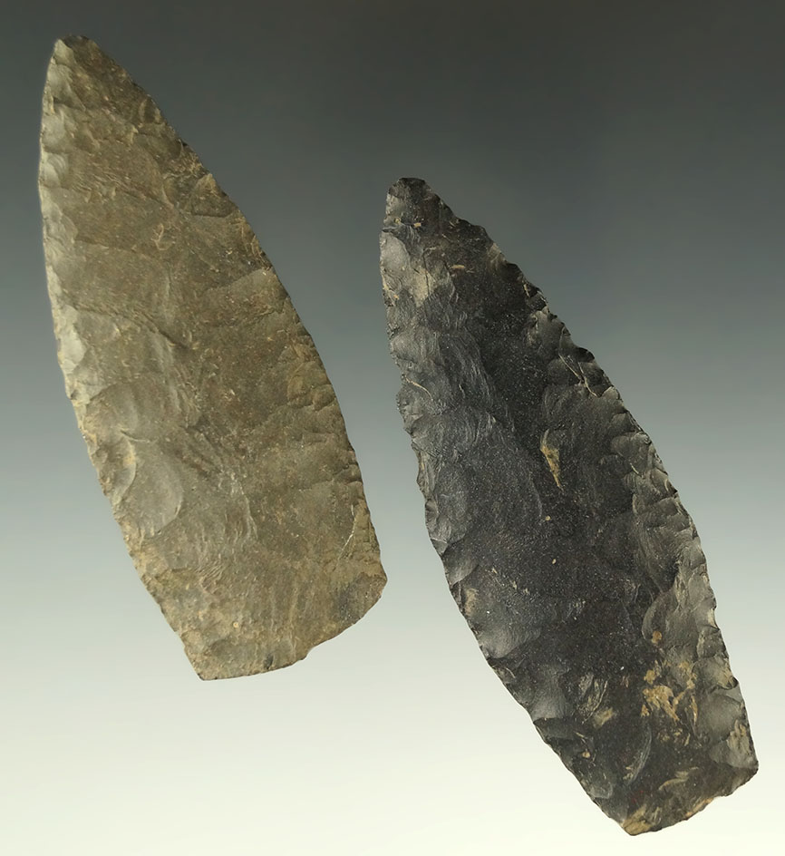 Pair of Coshocton Flint Paleo Lanceolate found in Ohio, largest is 3 3/16". Ex. Dr. Jim Mills.