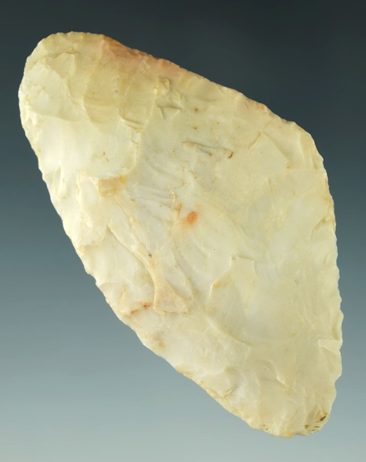 Uniquely shaped 3 3/8" Flint Ridge Flint Knife - Dr. Stanley Copeland collection.  Ex. Dr. Mills.