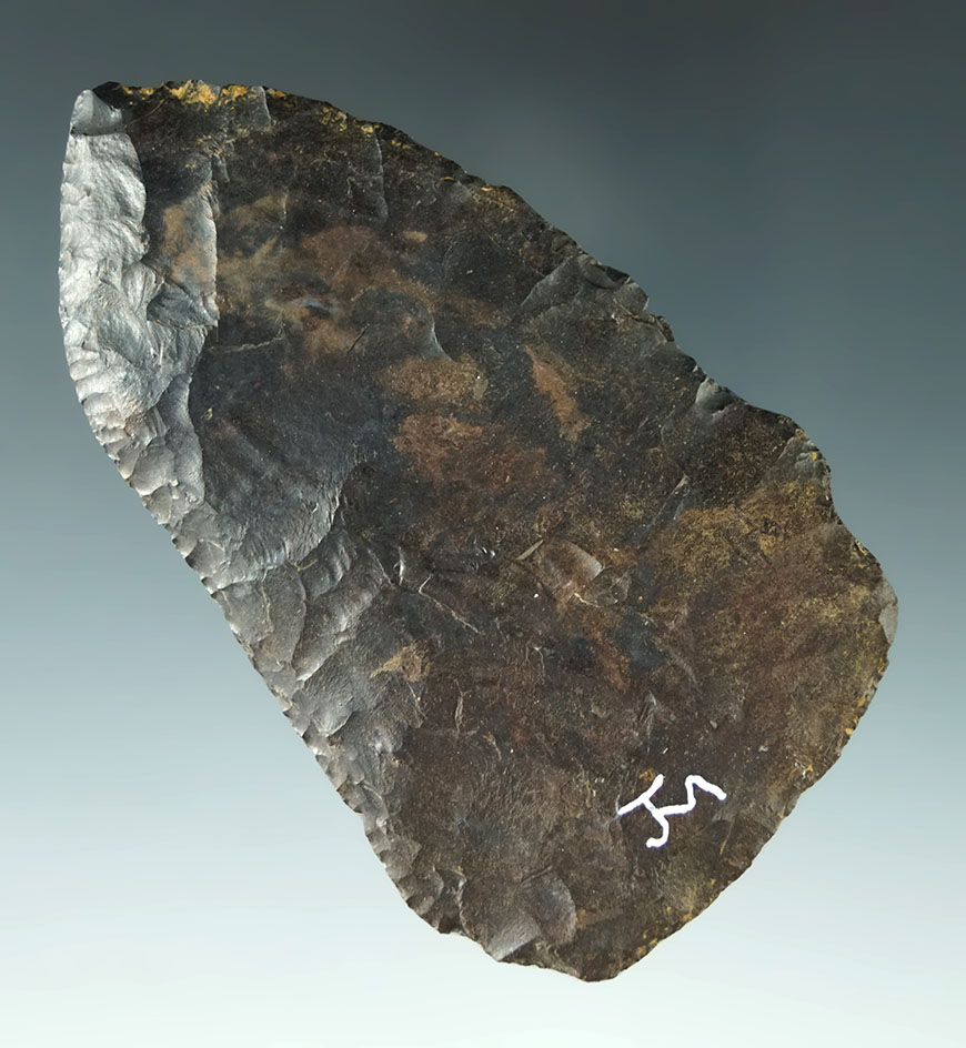 Heavily patinated 3 1/2" Coshocton Flint Knife - Dr. Stanley Copeland collection.  Ex. Dr. Mills.