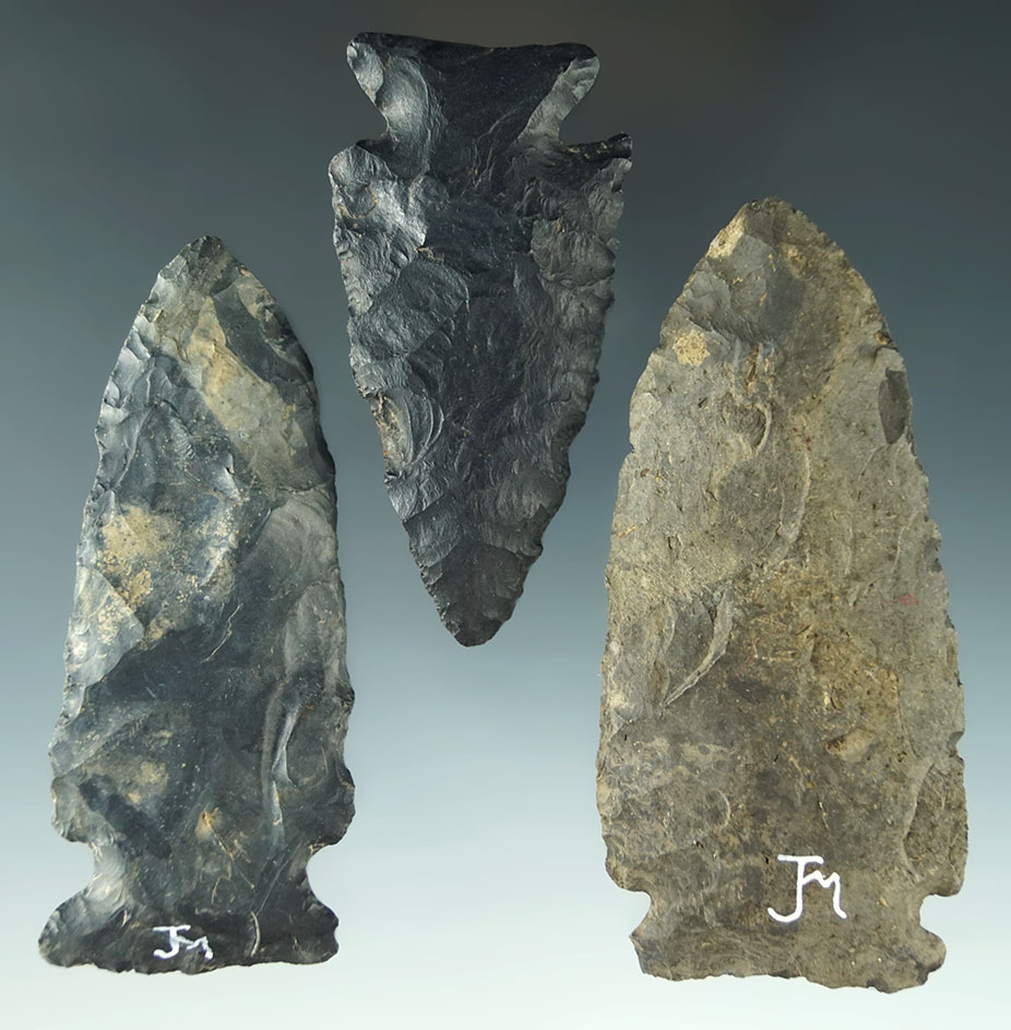 Set of three nice Ohio Coshocton Flint Knives, largest is 3 3/4".