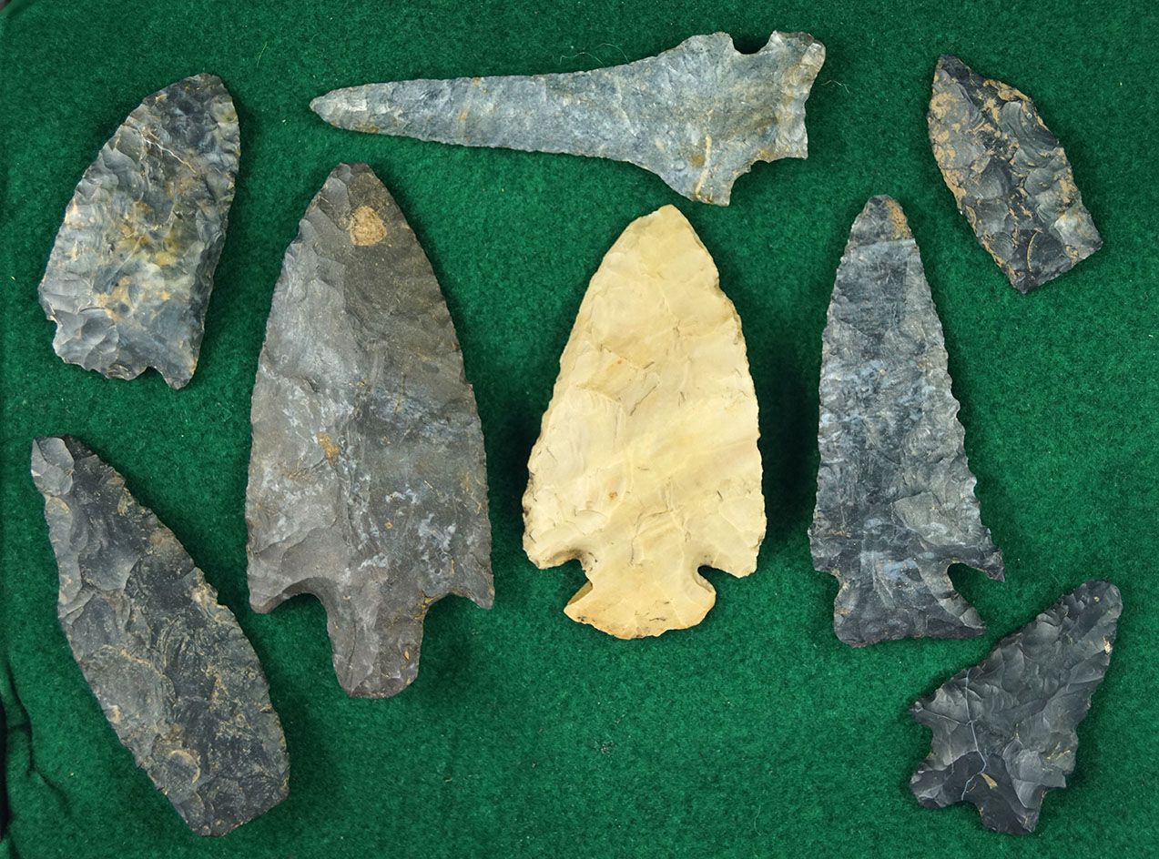 Nice set of eight assorted Ohio arrowheads, largest is 3 1/2".
