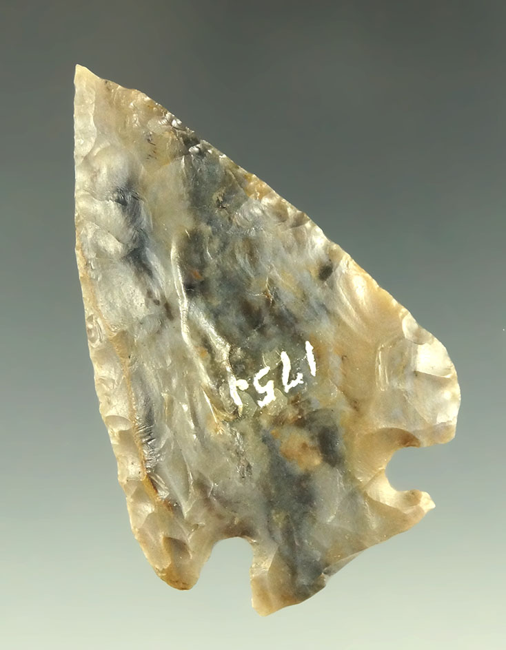 2 1/4" semi translucent Flint Ridge Flint Fractured Base point - Darke County Ohio. Ex. Driskill.
